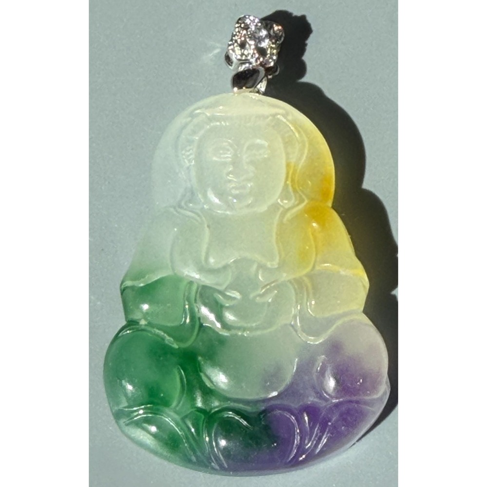 Vintage Asian Pendant Carved Buddha Multicolor Stone Green Yellow Purple 2"